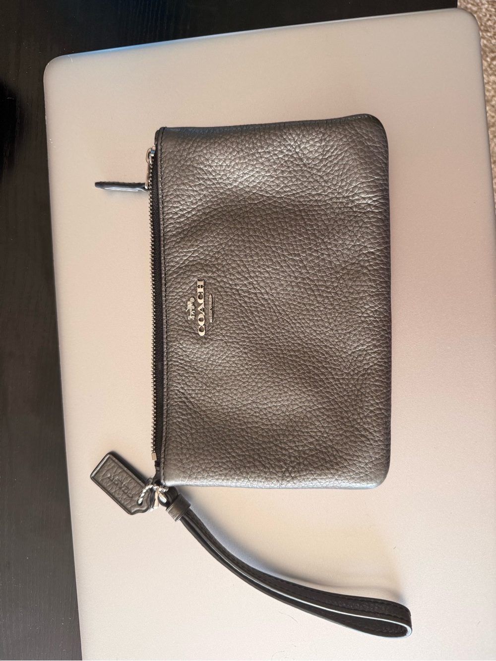 Coach Gray/silver  Pebbled Leather Wristlet with Logo Charm